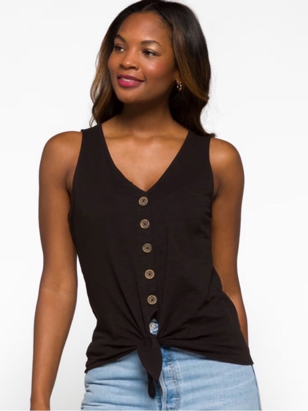 Sanctuary Black Button-Front Tie Tank Top
